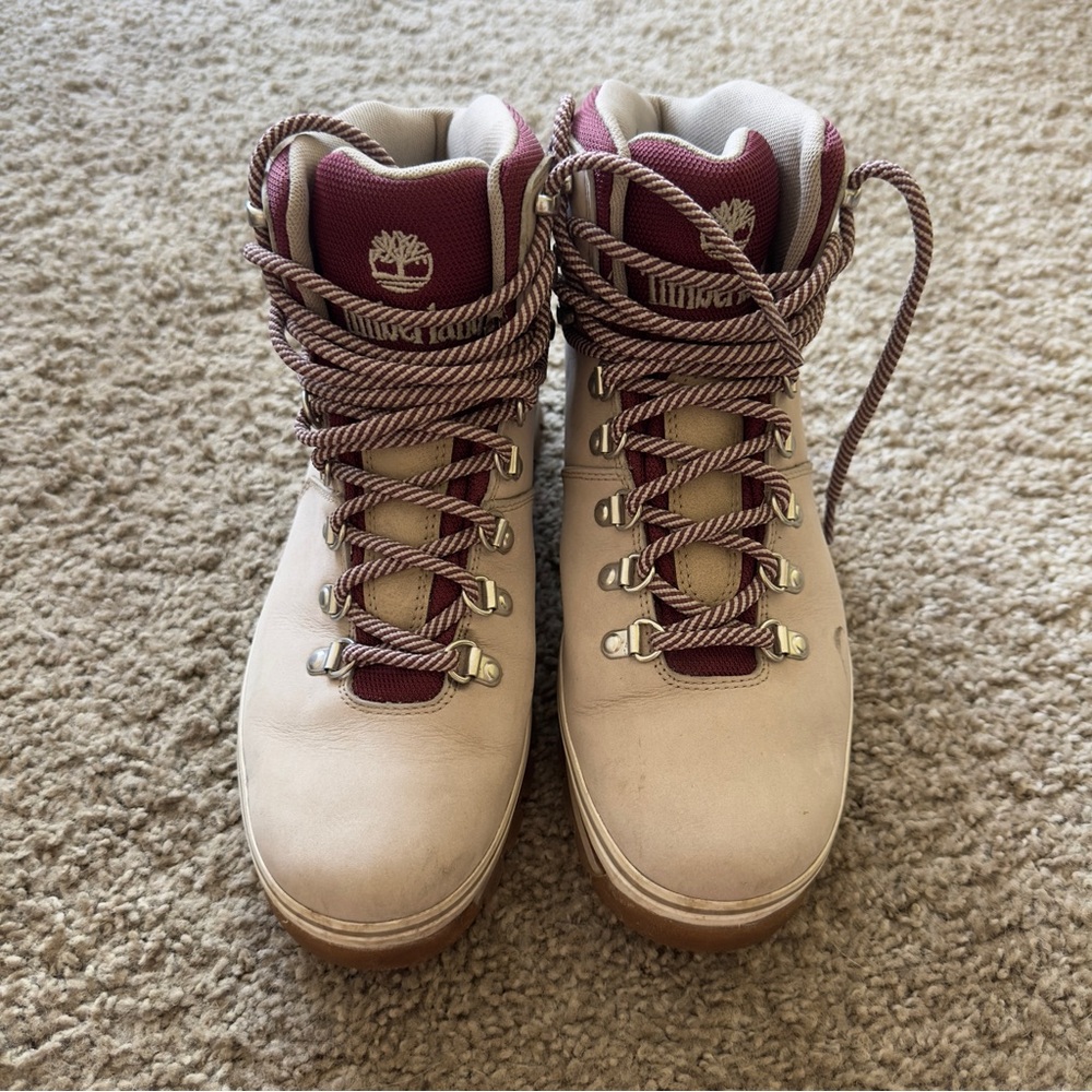 Timberland Beige and Burgundy Hiking Boots